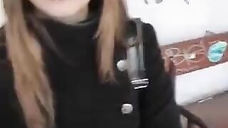 The girl does not mind pulling a dick in public places, she's so naughty