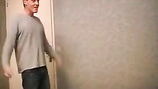 A mature woman in a long skirt seduces a man and jumps on him