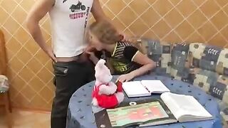 Instead of studying, the schoolgirl has sex lessons with a young man