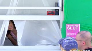A cute girl fucked by her boyfriend in a diner on wheels, 4K