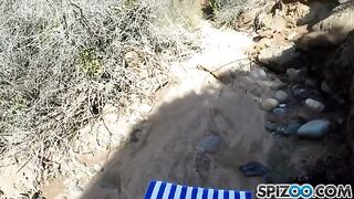 A girl with big natural tits fucks with a guy outdoors