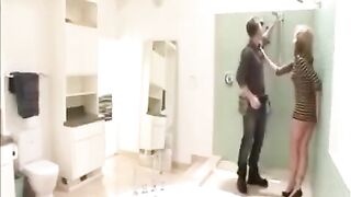 Plumber fucked the wife in the shower while the husband watched