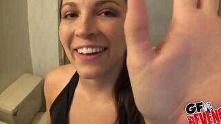 A beautiful woman has a quick sex in the bathroom, showcasing passionate homemade action