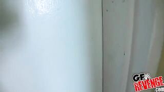A beautiful woman has a quick sex in the bathroom, showcasing passionate homemade action
