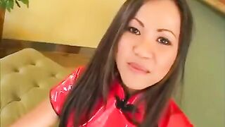 A beautiful Korean girl is making a blowjob for two guys