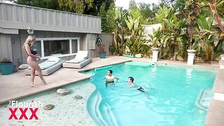 A busty real estate agent Blake Blossom fucks with a potential buyer in the pool