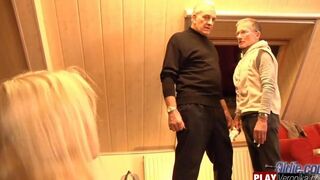 Bearded mature man with gray hair fucked a young blonde