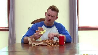 A wife, not bored, fucked herself with a cucumber in the kitchen