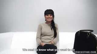 Czech girl fucks at a porn casting with a condom on, showcasing proper protection