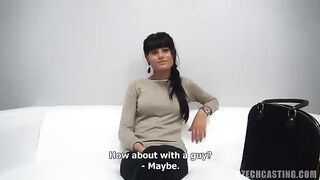 Czech girl fucks at a porn casting with a condom on, showcasing proper protection