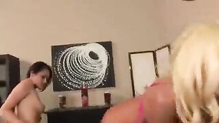Lesbian beauties in skirts fuck each other with vibrators and dildos