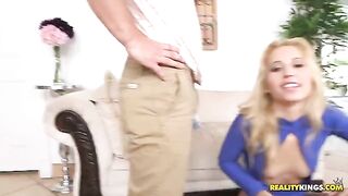A blonde girl with cancer is being fucked on the couch