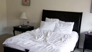 Two cute blondies have gentle sex on the bed, showcasing their delicate passion
