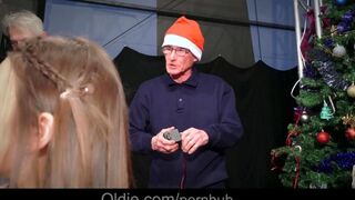 An aged guy and his wife fucked a hot Snow Maiden with big boobs