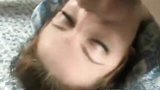 Girl raises a member in the mouth very deep, showcasing her skills in oral play