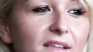 The blonde girl got on her knees and started to suck member in shit