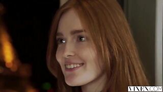 The guy thoroughly licked the red-haired girl's cap before fucking
