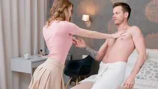 A pair of lovers have a passionate conversation while lying on the bed completely naked