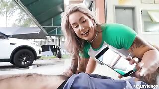 The girl is having sex with the mechanic after her car was repaired