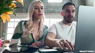 A sexy blonde is fucking on the couch, her beautiful tits stunning
