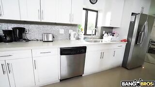 A hot maid is completely naked while she cleans the house