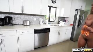 A hot maid is completely naked while she cleans the house