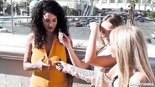 Lesbian threesome sex with three sexy chicks on the strip