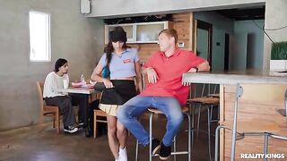 A girl allows a guy to finish in her mouth, proving she's a real professional