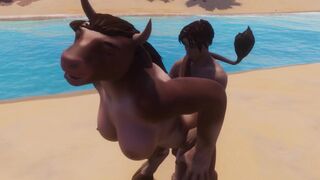 A wild cow girl is fucking with a strange furry creature
