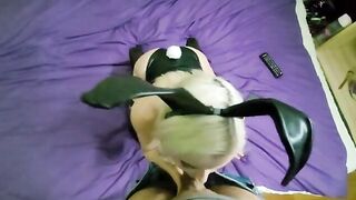 The cute girl in a bunny suit deep throats huge dicks
