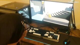 A cute couple challenges each other to a blowjob while playing a video game