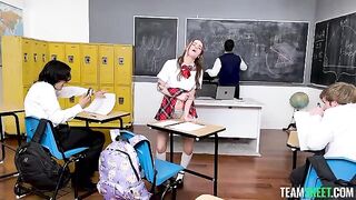 A girl is having fun with her teacher, she passed the exam