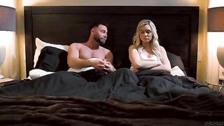 Two passionate blondes have a hot sex on the bed, bringing intense pleasure