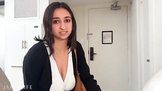 A busty businesswoman has sex with her coworker without a condom