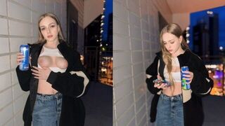 The cute girl showed her skills for the sake of an energy drink