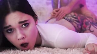 A cute babe doesn't understand what the guy is doing with her sweet pussy