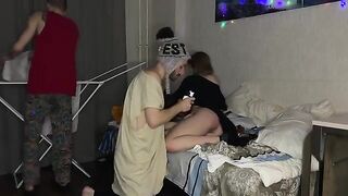 Two boys fucked a girl in her narrow pussy at the party