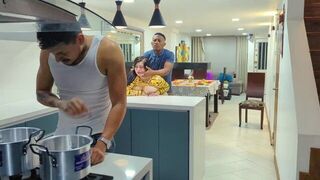 He fucked his friend's wife in the kitchen before dinner, what a bold move!