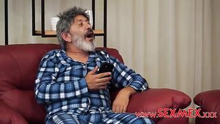 A cute girl got a red hair and she was caressed on the couch