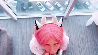 A cute 18-year-old girl playing a naughty game with her mouth