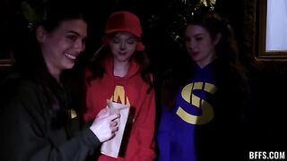 The guy is having sex with four girls in turns