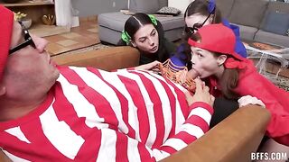 The guy is having sex with four girls in turns
