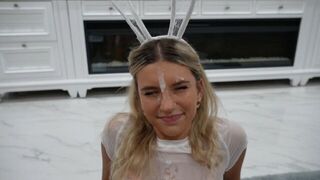 The guy adorned the girl's face with cream and the girl had to lick it off