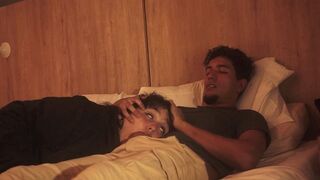A blowjob in bed, lazy but so deep it shakes him