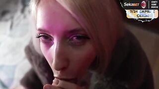 A guy finishes on the chin of a prostitute in a fur coat