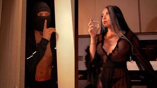 The burglar aimed for the safe, but got the busty housewife's tight pussy instead