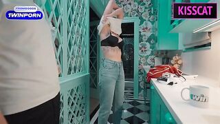 A beautiful maid with a sexy body serves hot room service
