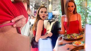 A girl almost gets caught while masturbating in the mall, showcasing risky public play