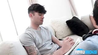 A girl does blowjob, almost choking on her own spit