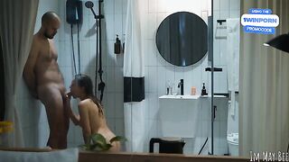 A couple has sex in the shower stall, it was just right for them both